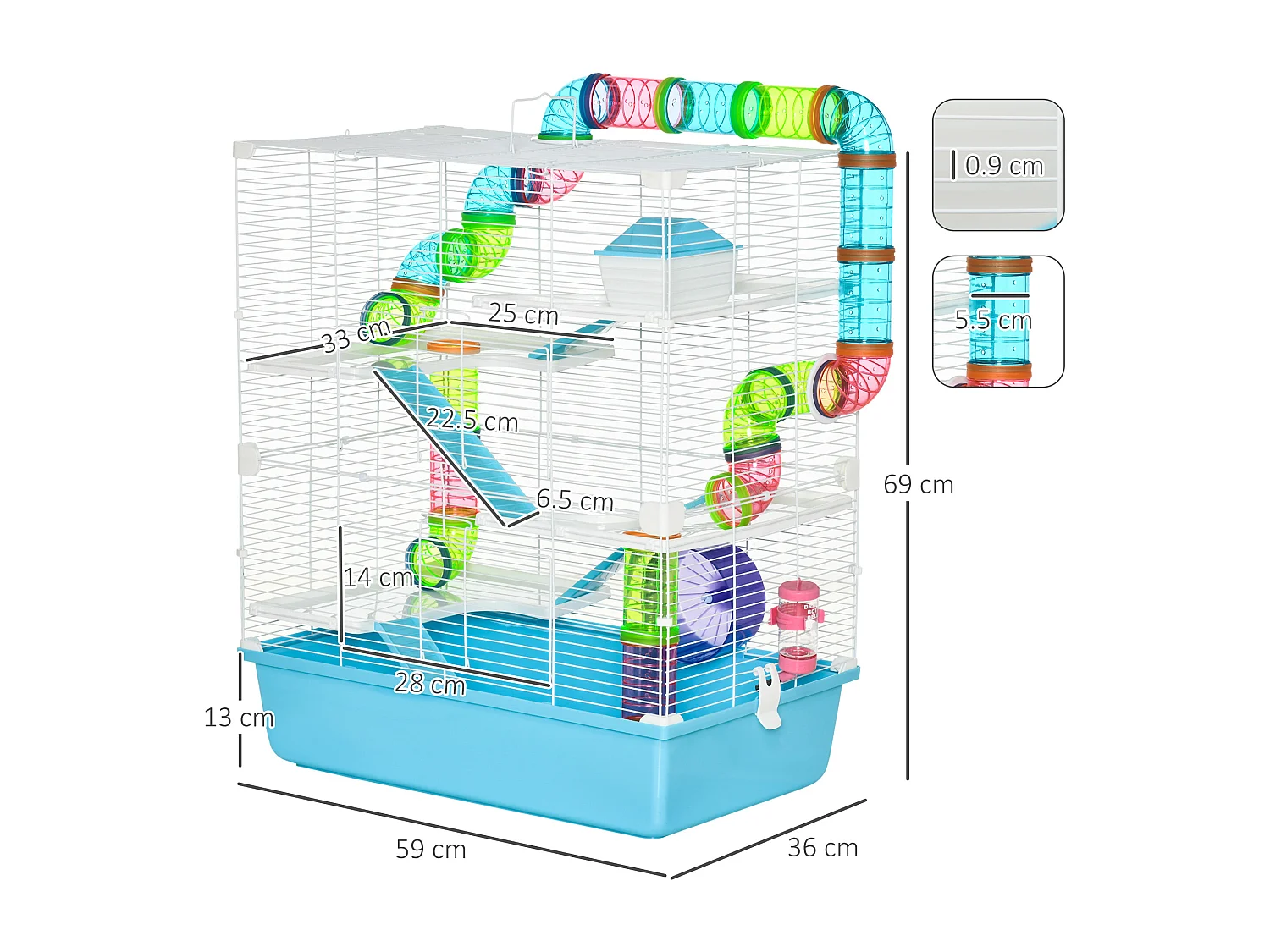 Gabbia per criceti 5 livelli con tubi casetta e ruota azzurra e bianca
