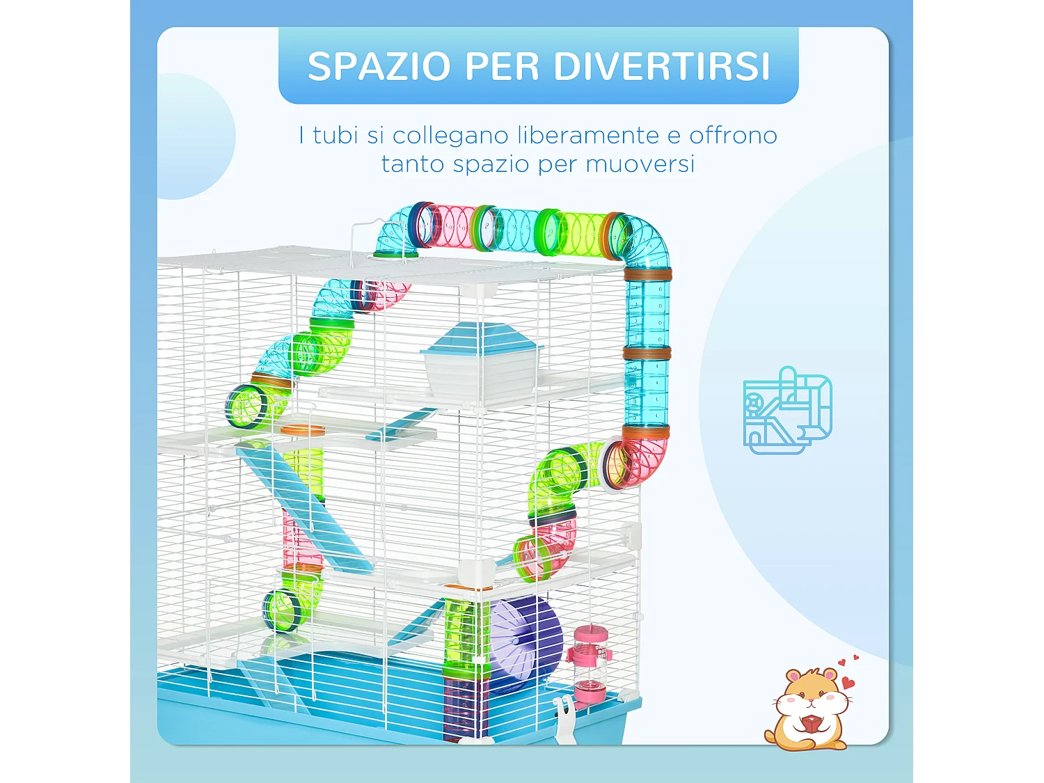 Gabbia per criceti 5 livelli con tubi casetta e ruota azzurra e bianca