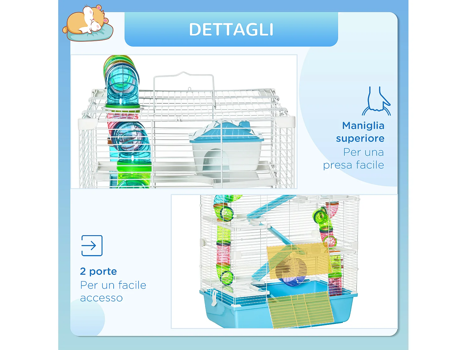 Gabbia per criceti 5 livelli con tubi casetta e ruota azzurra e bianca