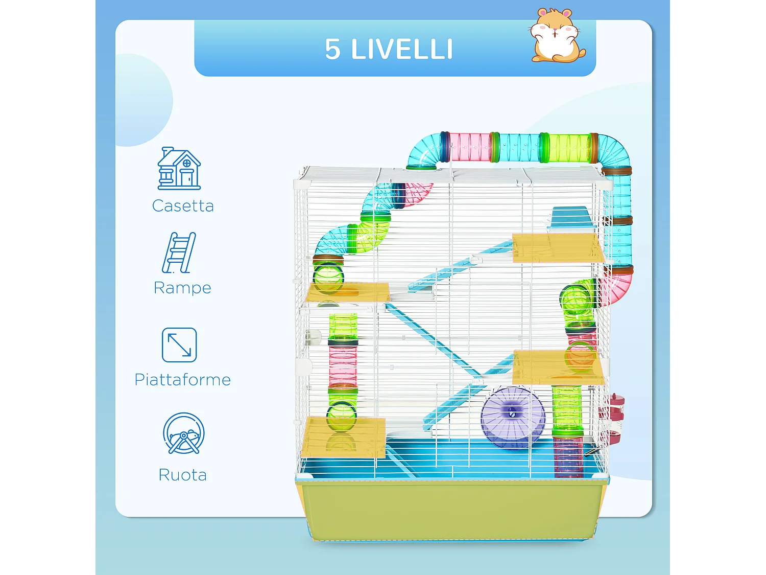 Gabbia per criceti 5 livelli con tubi casetta e ruota azzurra e bianca