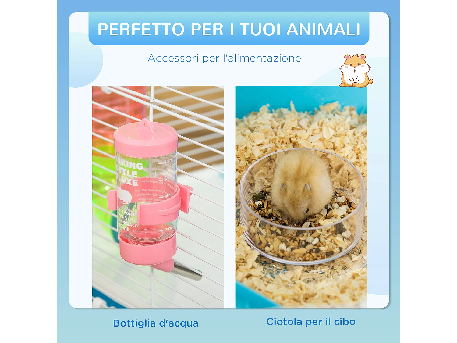 Gabbia per criceti 5 livelli con tubi casetta e ruota azzurra e bianca