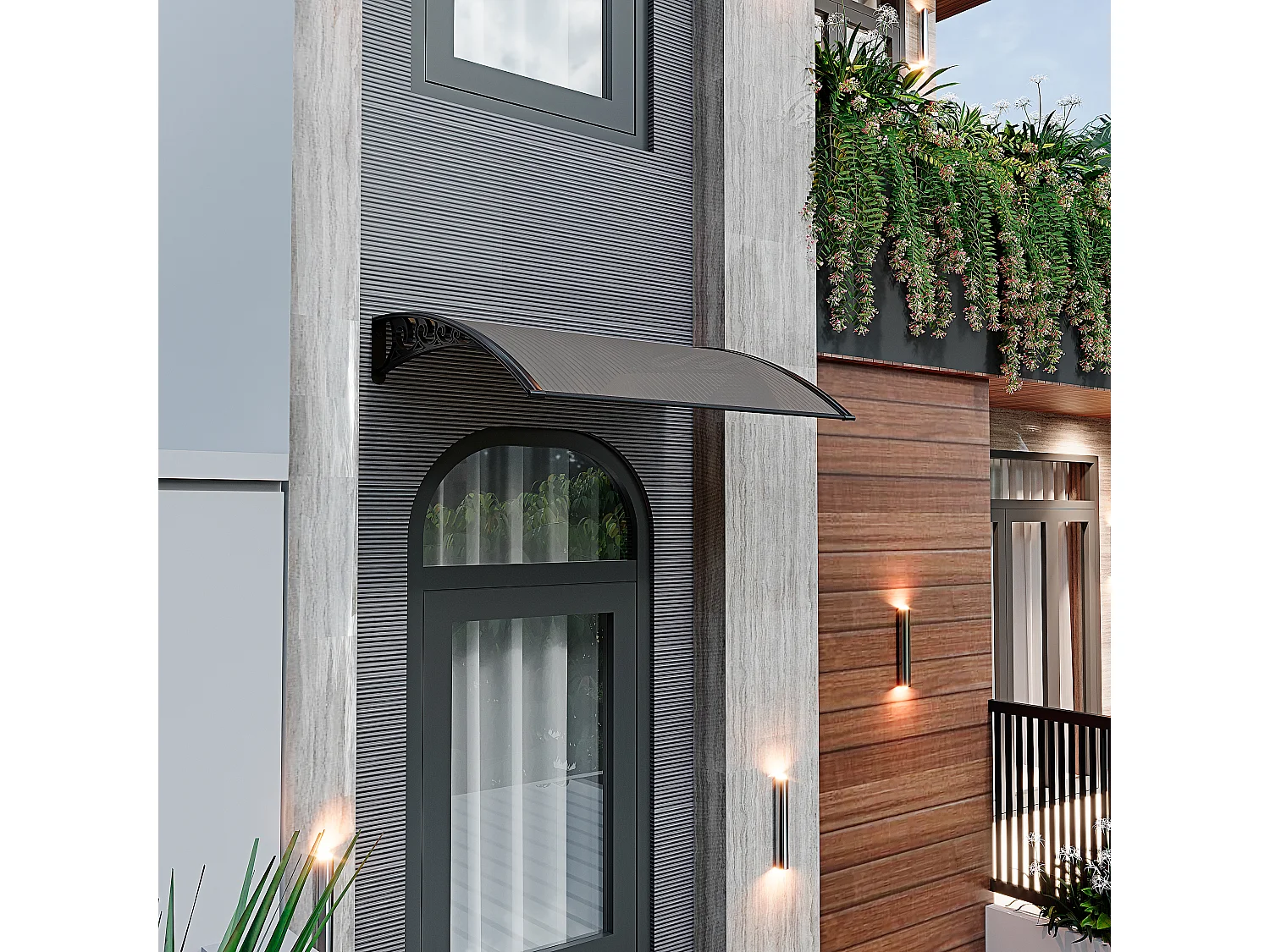 Pensilina Per Copertura In Policarbonato Alveolare Tettoia Modulabile Per Esterno Per Porte Balcone Finestre Elegante E Resistente, Colore Nero E Fumè (80 x 100 cm)