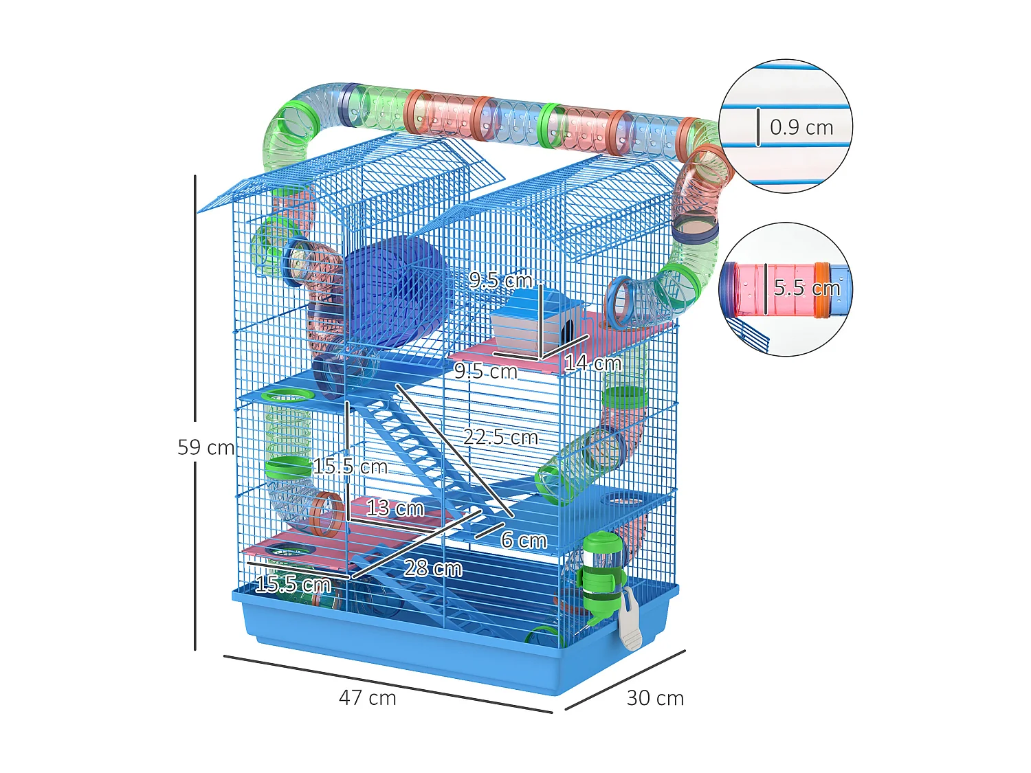 Gabbia per criceti e roditori con tubi colorati e accessori inclusi