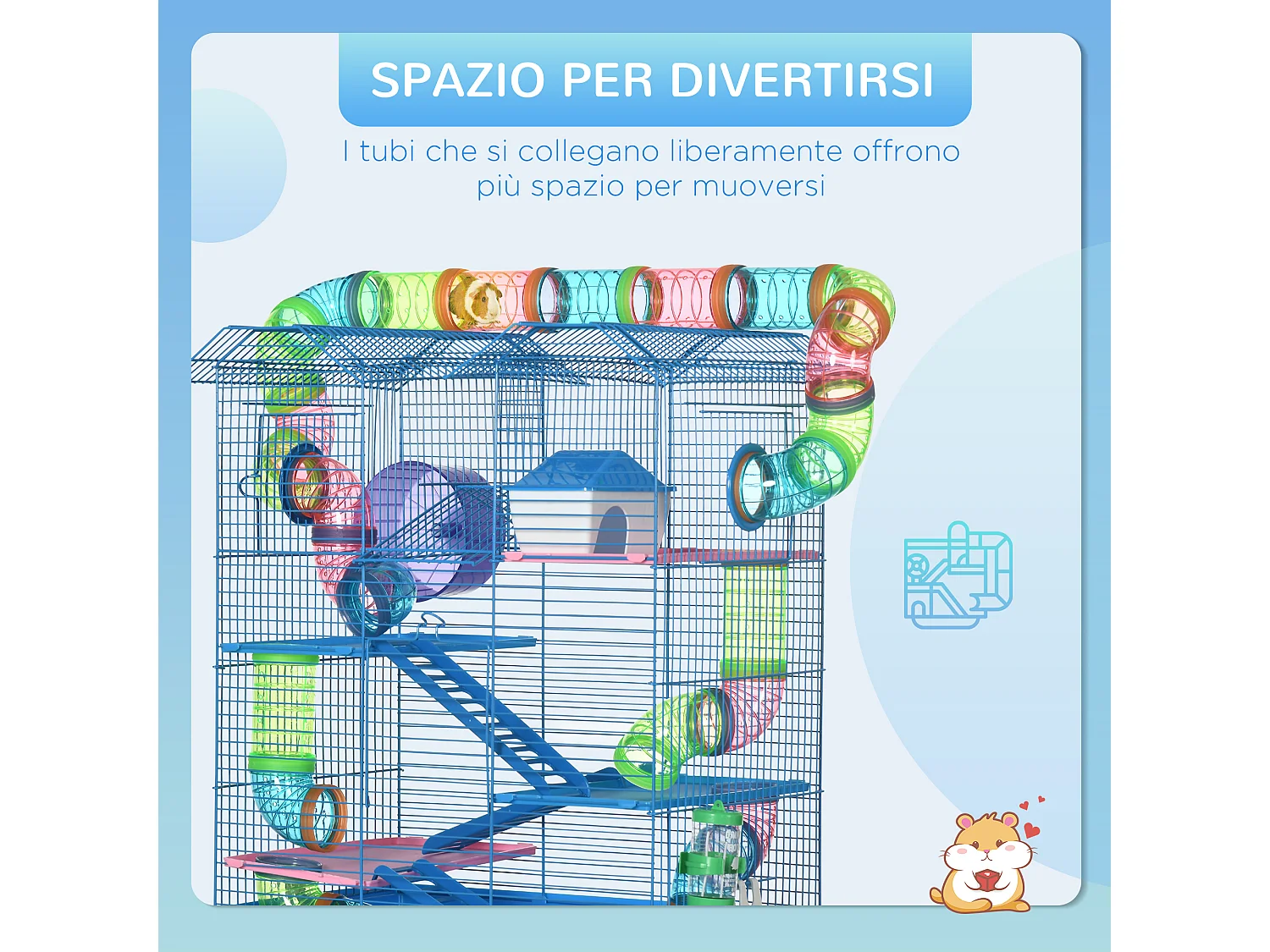 Gabbia per criceti e roditori con tubi colorati e accessori inclusi