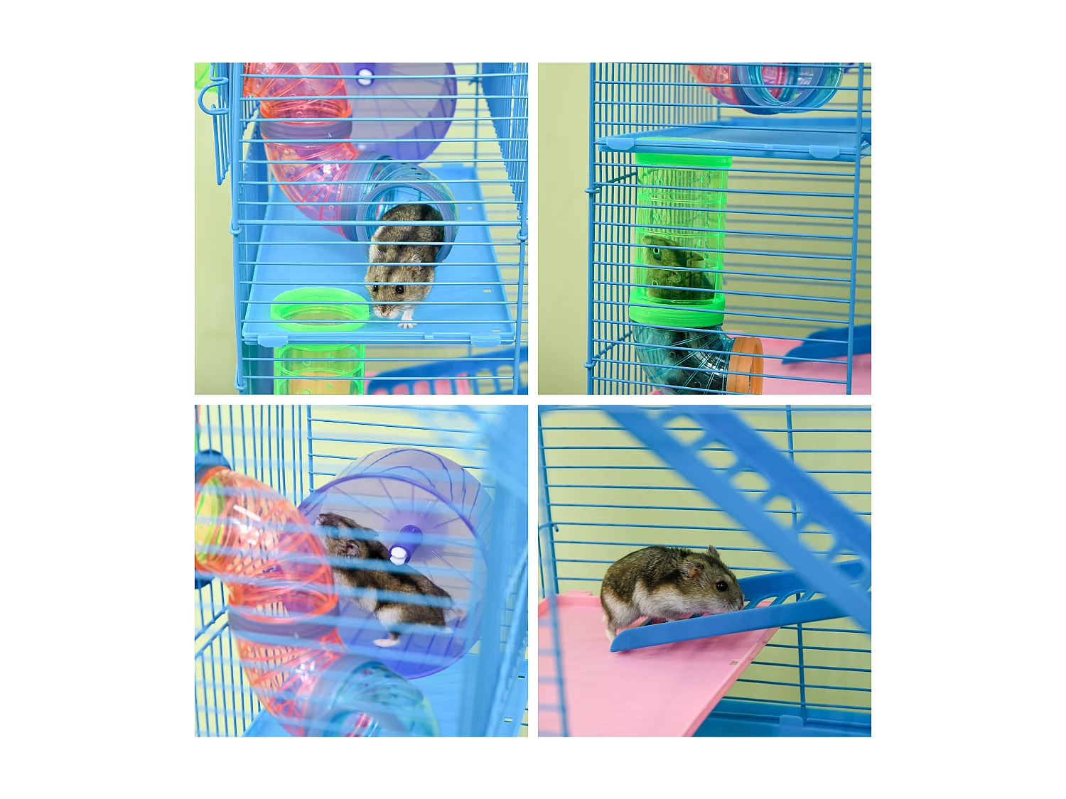 Gabbia per criceti e roditori con tubi colorati e accessori inclusi