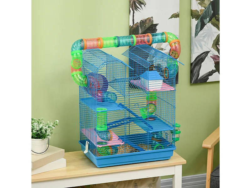 Gabbia per criceti e roditori con tubi colorati e accessori inclusi