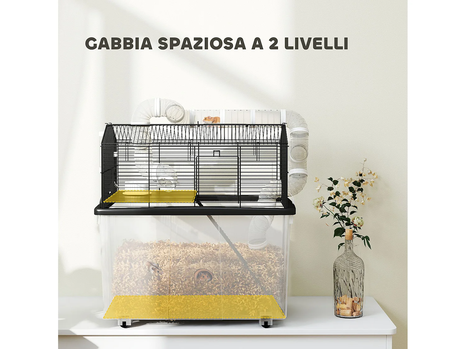 Gabbia per criceti 2 piani con ruote, tubi e rampa 58x43x57 cm nero