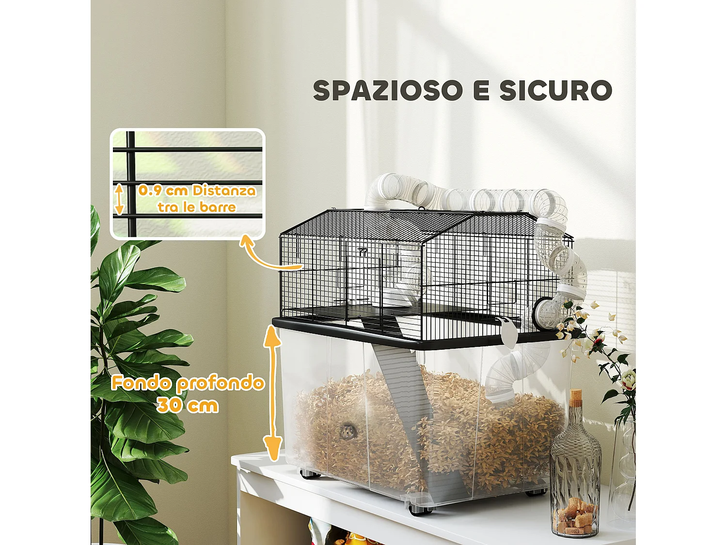 Gabbia per criceti 2 piani con ruote, tubi e rampa 58x43x57 cm nero