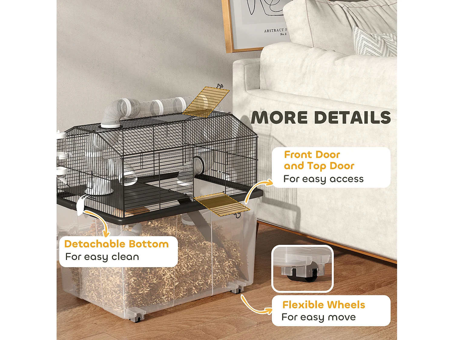 Gabbia per criceti 2 piani con ruote, tubi e rampa 58x43x57 cm nero