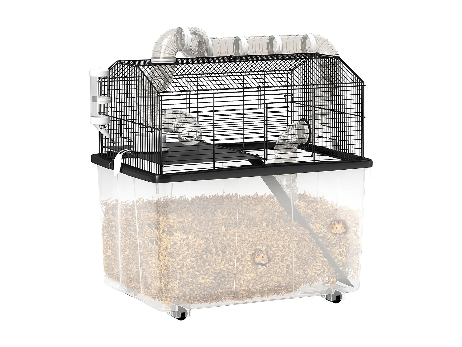 Gabbia per criceti 2 piani con ruote, tubi e rampa 58x43x57 cm nero