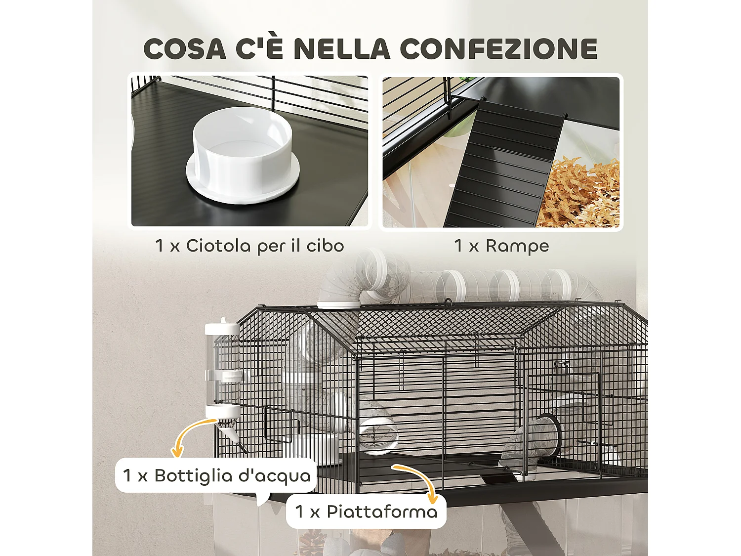 Gabbia per criceti 2 piani con ruote, tubi e rampa 58x43x57 cm nero