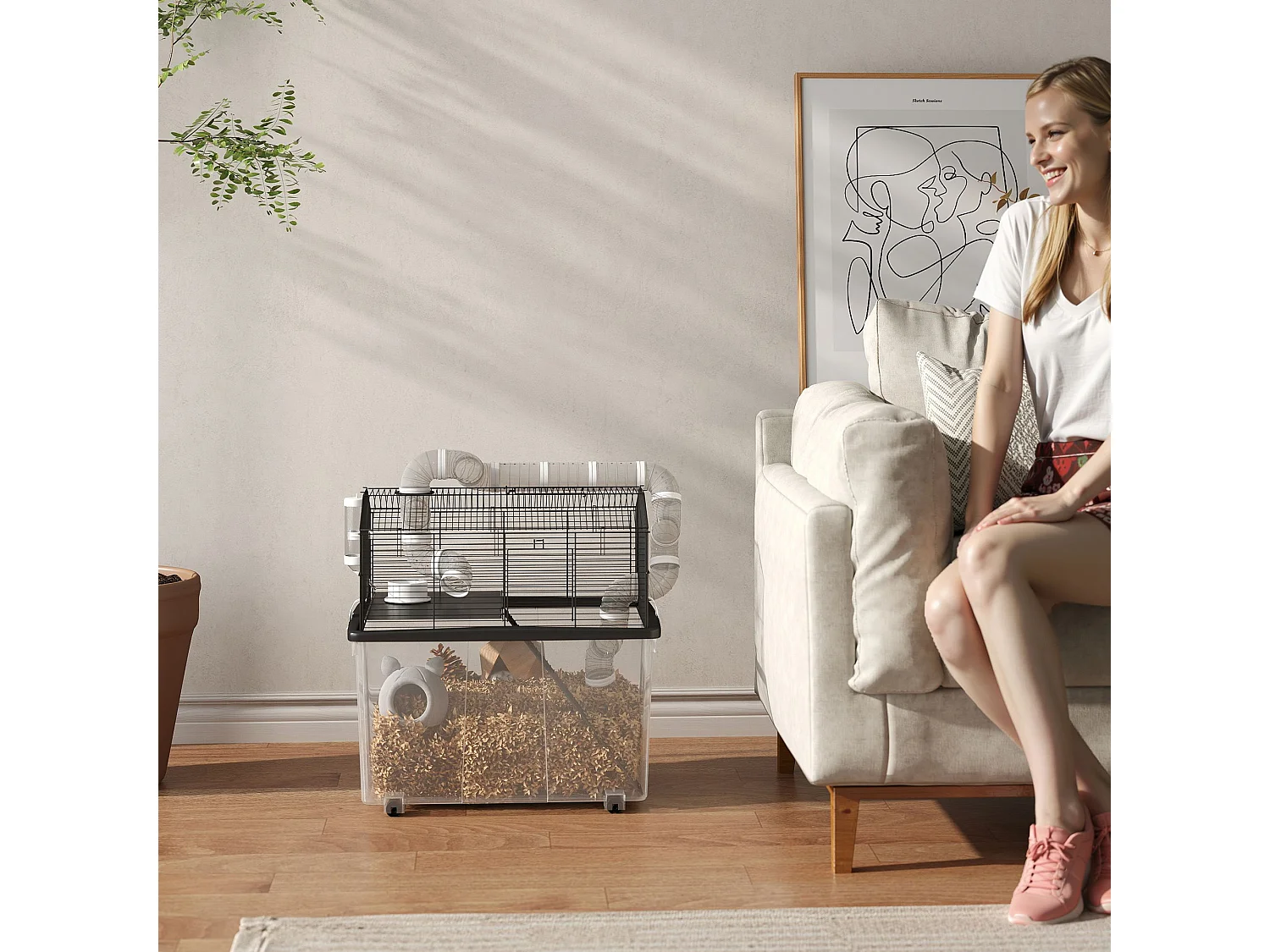 Gabbia per criceti 2 piani con ruote, tubi e rampa 58x43x57 cm nero