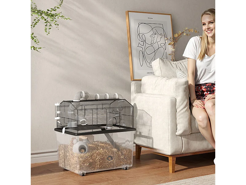 Gabbia per criceti 2 piani con ruote, tubi e rampa 58x43x57 cm nero