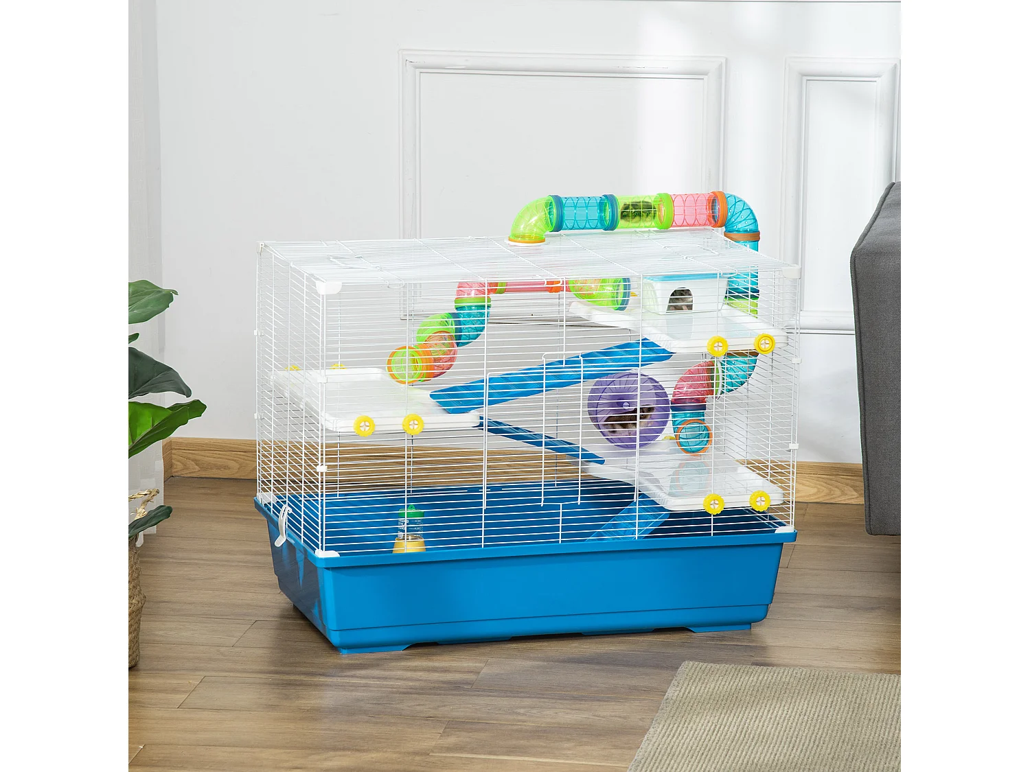 Gabbia per criceti a 4 livelli con ruota, casetta e tubi blu e bianca