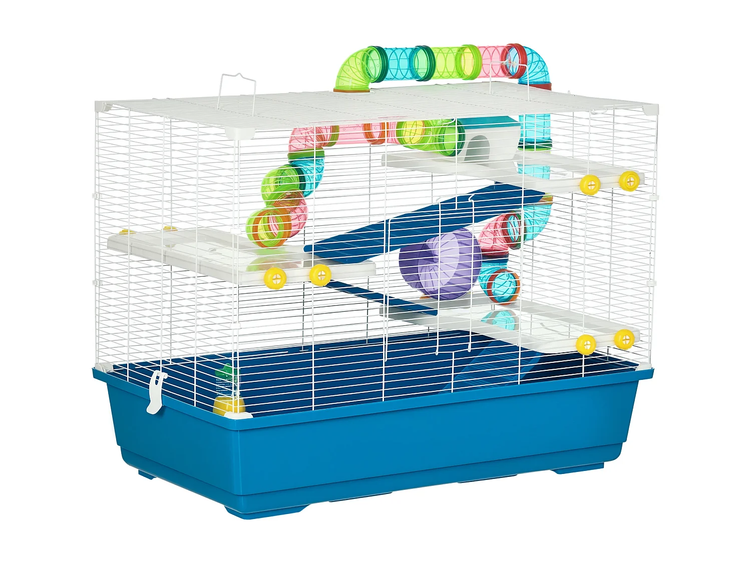 Gabbia per criceti a 4 livelli con ruota, casetta e tubi blu e bianca