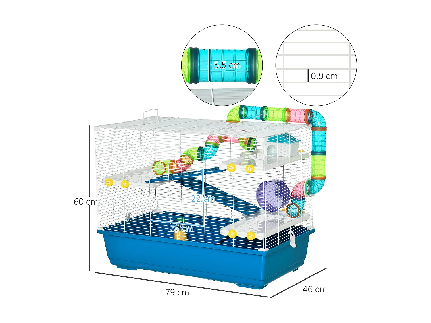 Gabbia per criceti a 4 livelli con ruota, casetta e tubi blu e bianca