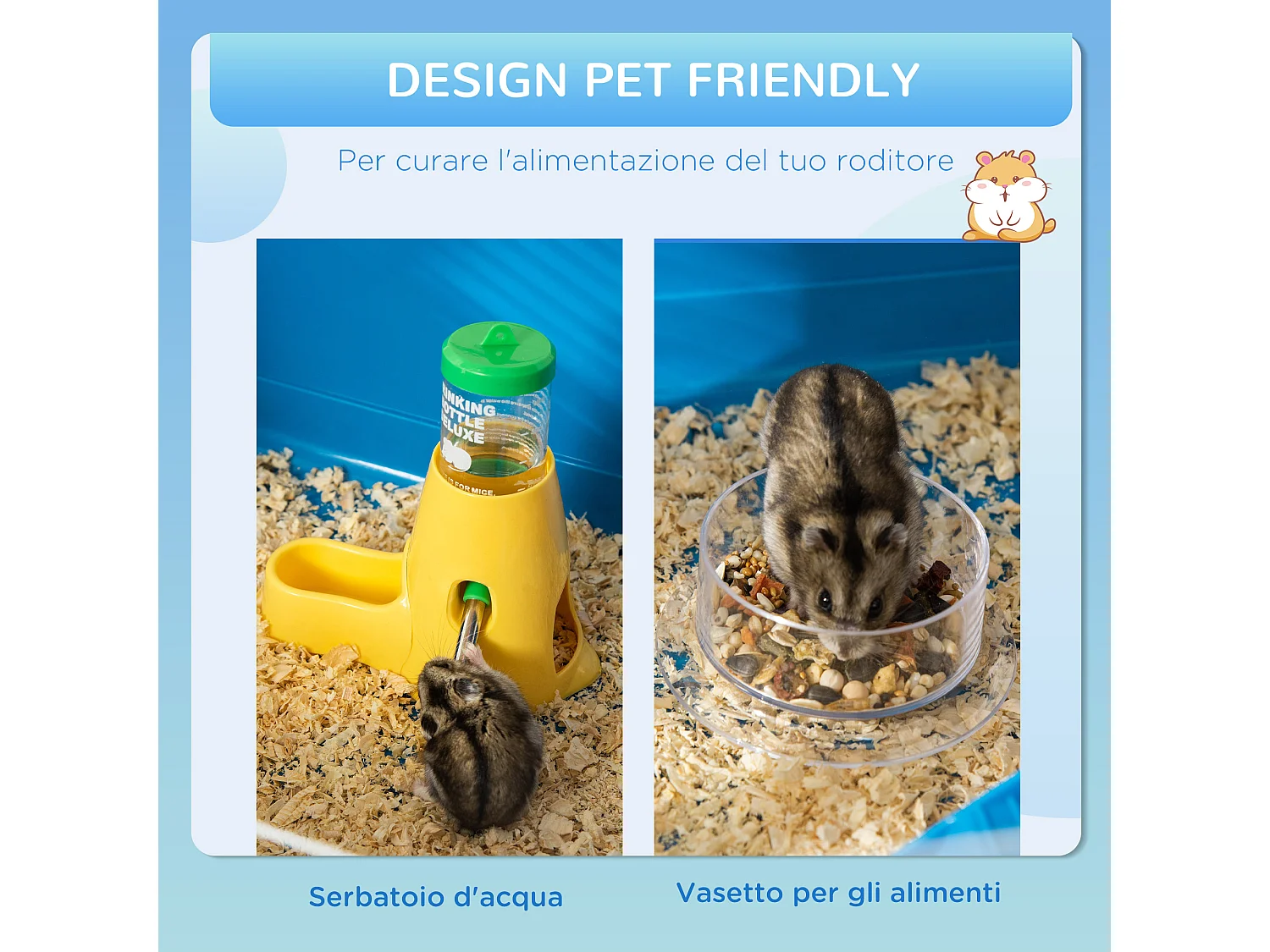 Gabbia per criceti a 4 livelli con ruota, casetta e tubi blu e bianca