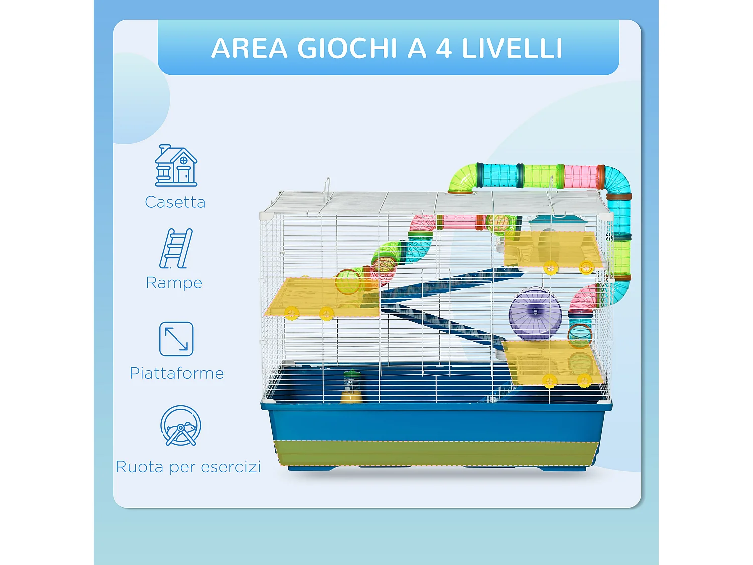 Gabbia per criceti a 4 livelli con ruota, casetta e tubi blu e bianca