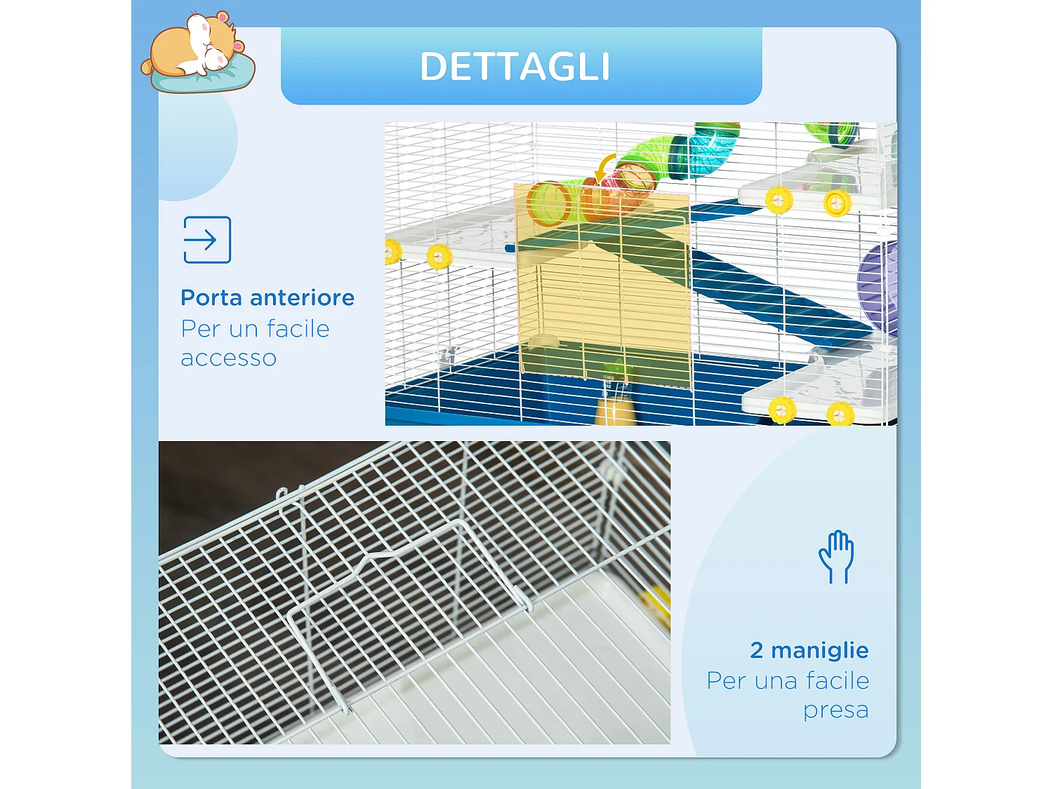 Gabbia per criceti a 4 livelli con ruota, casetta e tubi blu e bianca