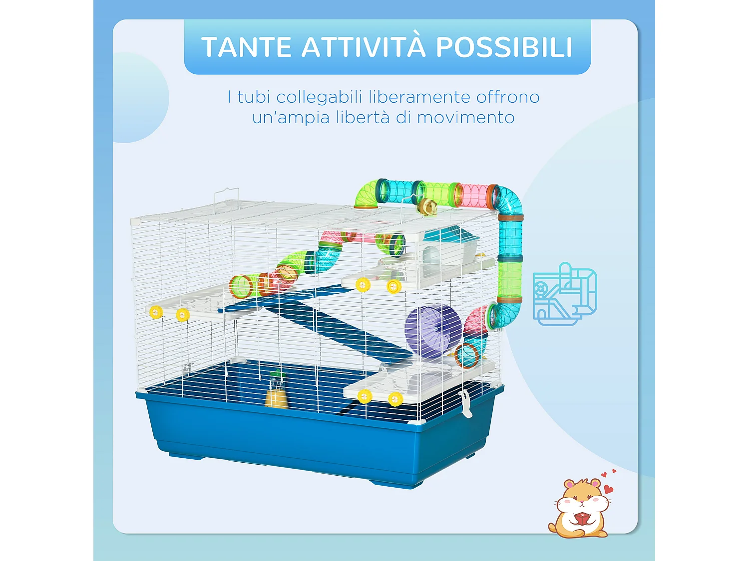 Gabbia per criceti a 4 livelli con ruota, casetta e tubi blu e bianca