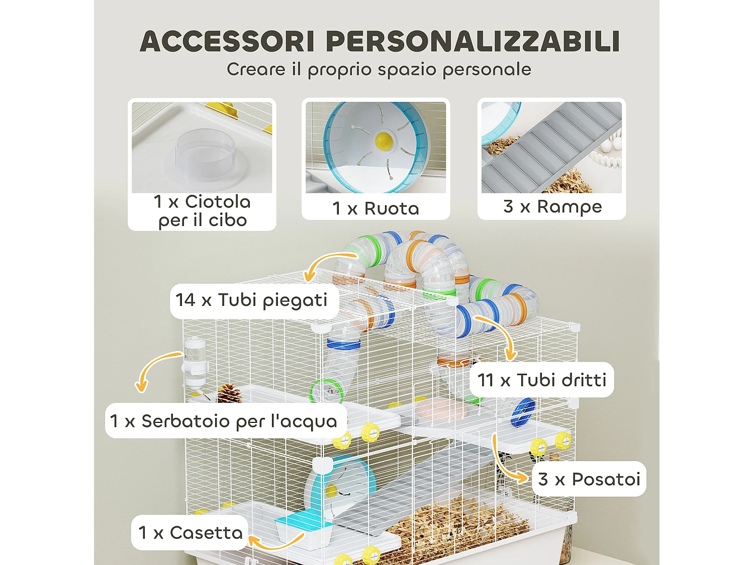Gabbia per criceti a 4 livelli con accessori 78x45x73 cm bianco