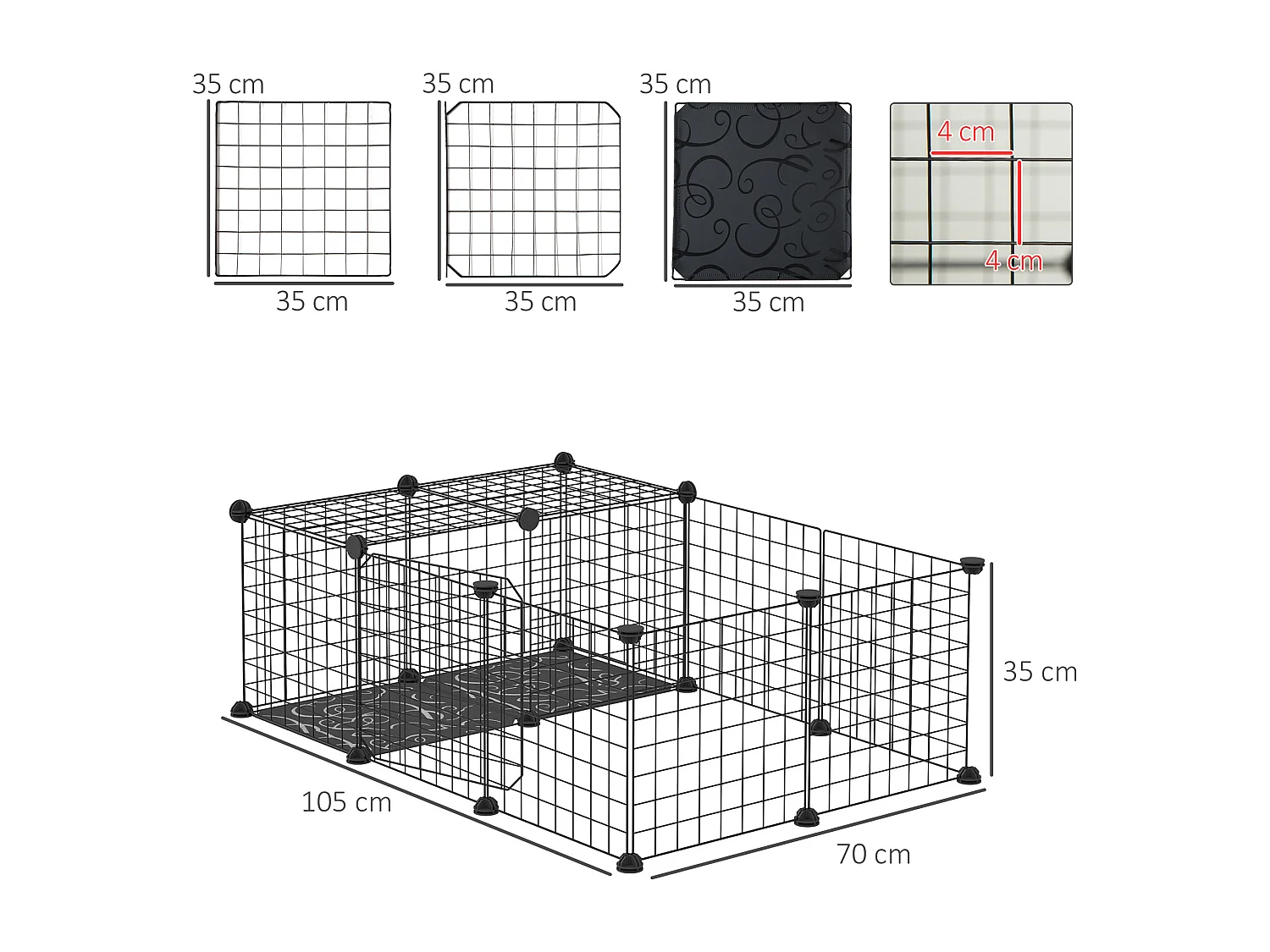 Recinto per conigli modulabile box per animali metallo 105x70x35cm nero