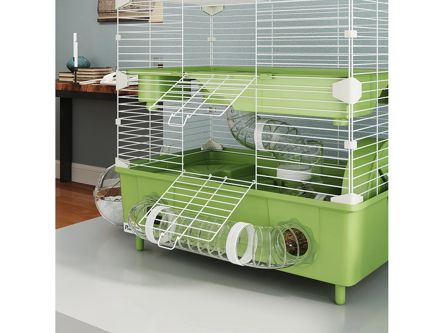 Gabbia per criceti a 2 livelli e 3 porte con ruota e tubi verde e bianco