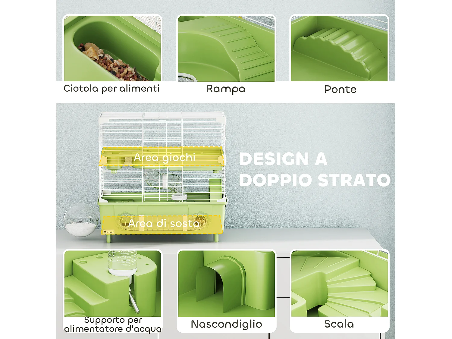 Gabbia per criceti a 2 livelli e 3 porte con ruota e tubi verde e bianco