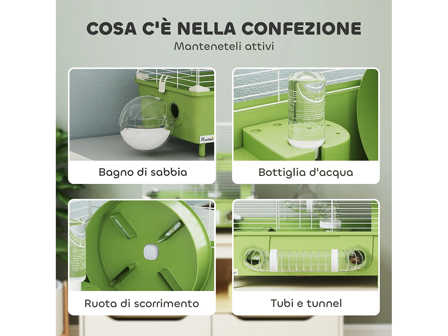 Gabbia per criceti a 2 livelli e 3 porte con ruota e tubi verde e bianco