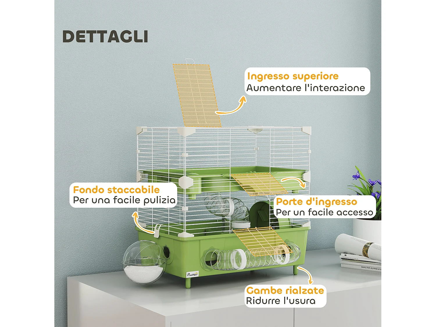 Gabbia per criceti a 2 livelli e 3 porte con ruota e tubi verde e bianco