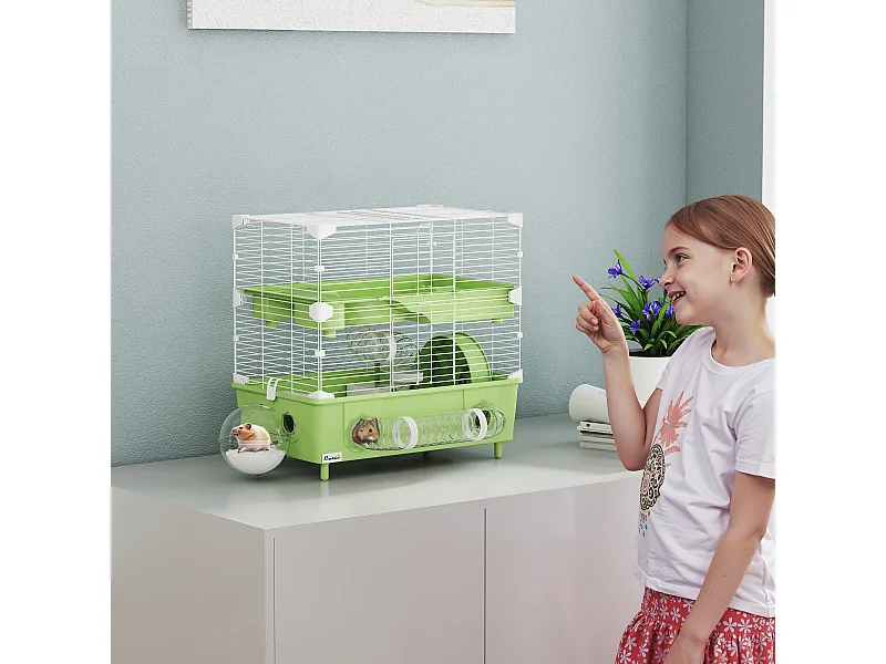 Gabbia per criceti a 2 livelli e 3 porte con ruota e tubi verde e bianco