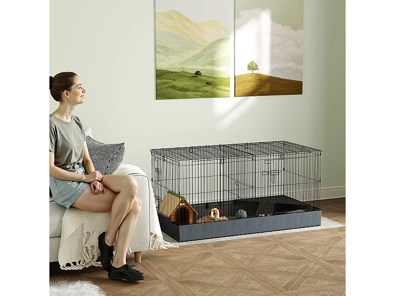 Gabbia per animali piccoli 2 in 1 con sezioni separate 121x61x61cm nero