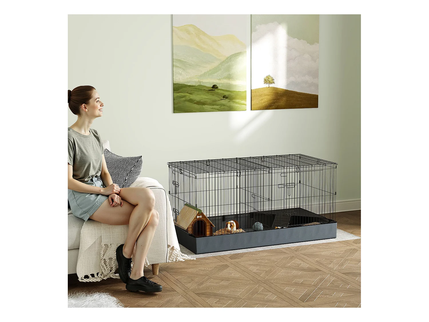 Gabbia per animali piccoli 2 in 1 con sezioni separate 121x61x61cm nero
