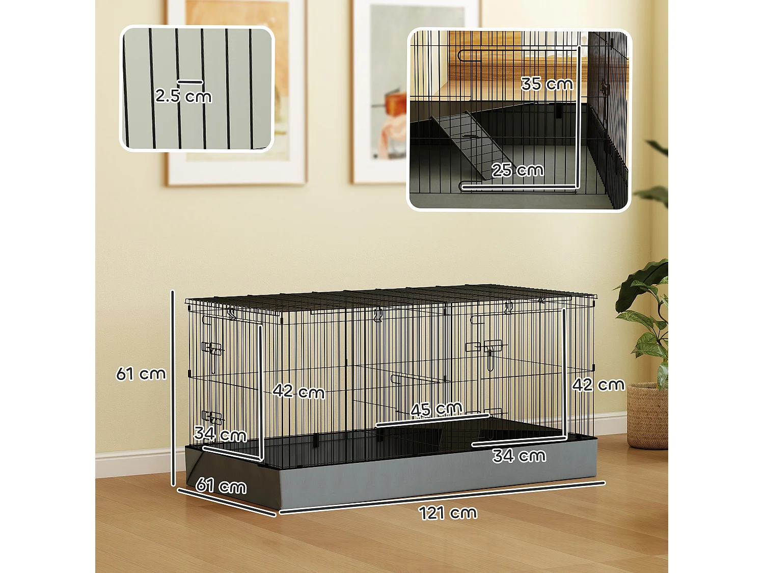 Gabbia per animali piccoli 2 in 1 con sezioni separate 121x61x61cm nero