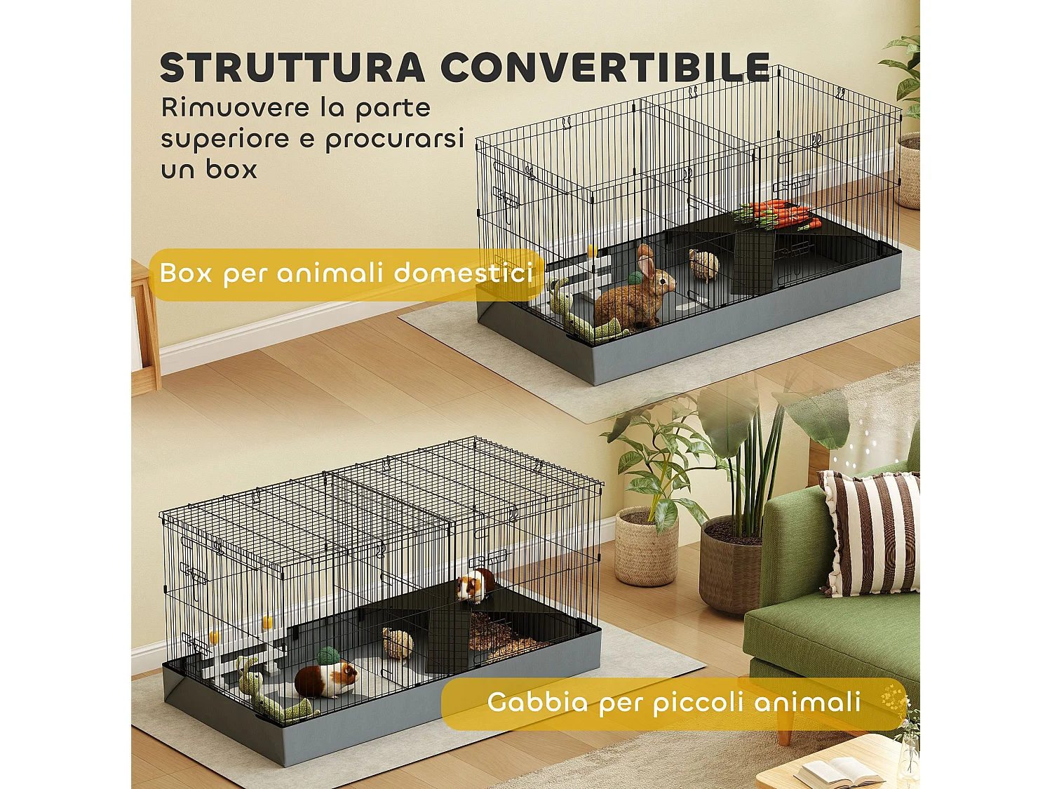 Gabbia per animali piccoli 2 in 1 con sezioni separate 121x61x61cm nero
