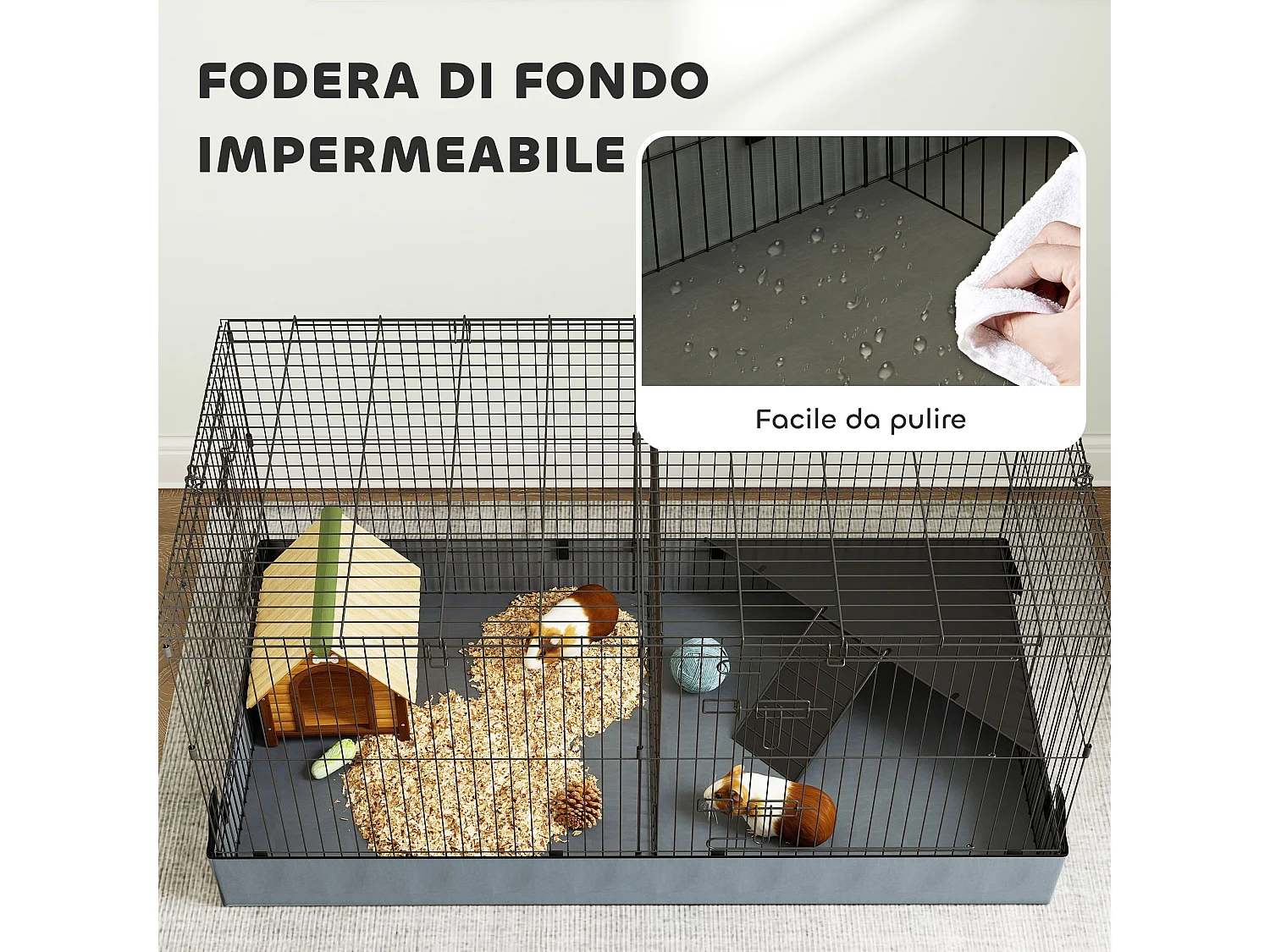 Gabbia per animali piccoli 2 in 1 con sezioni separate 121x61x61cm nero