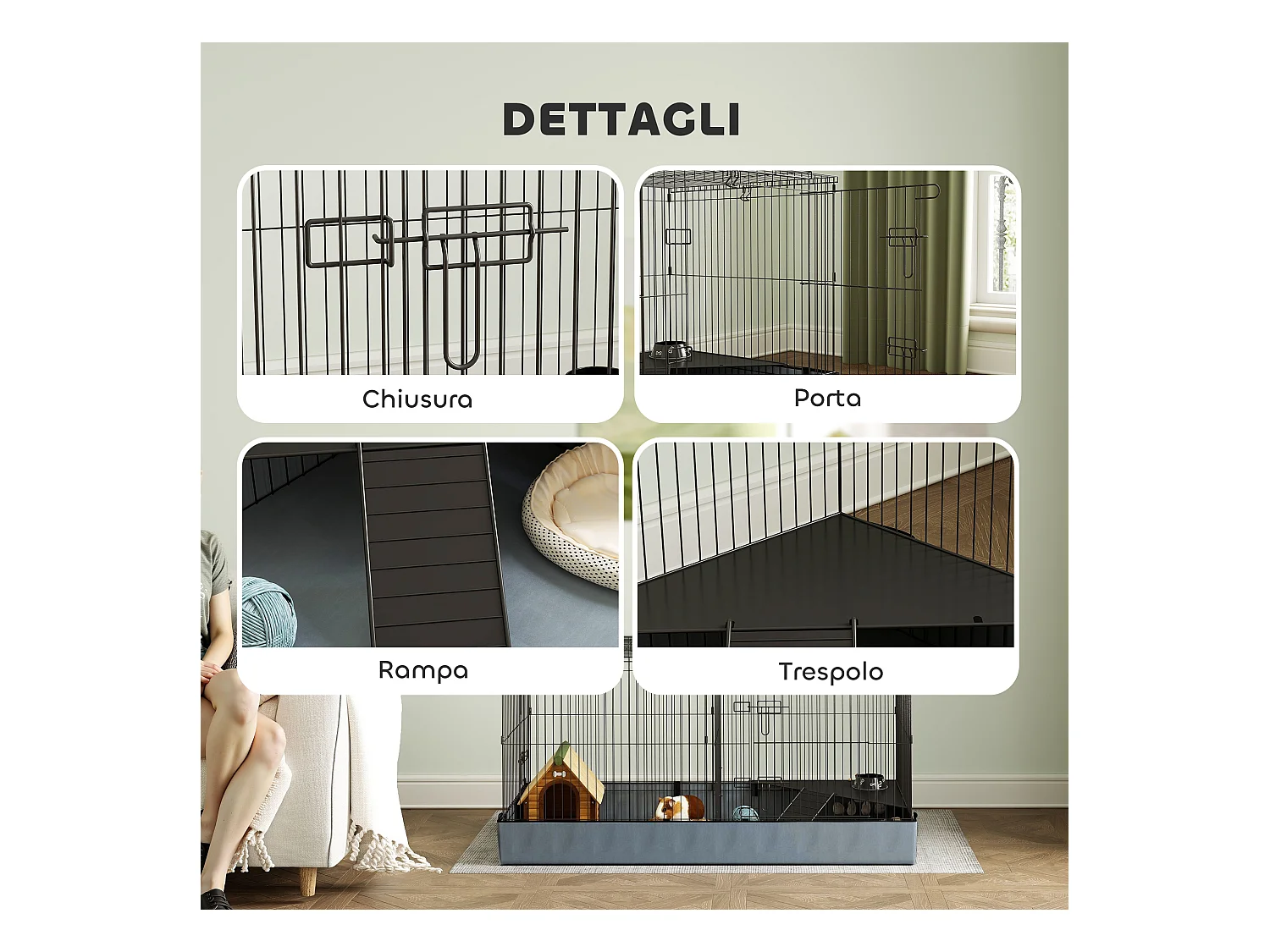 Gabbia per animali piccoli 2 in 1 con sezioni separate 121x61x61cm nero