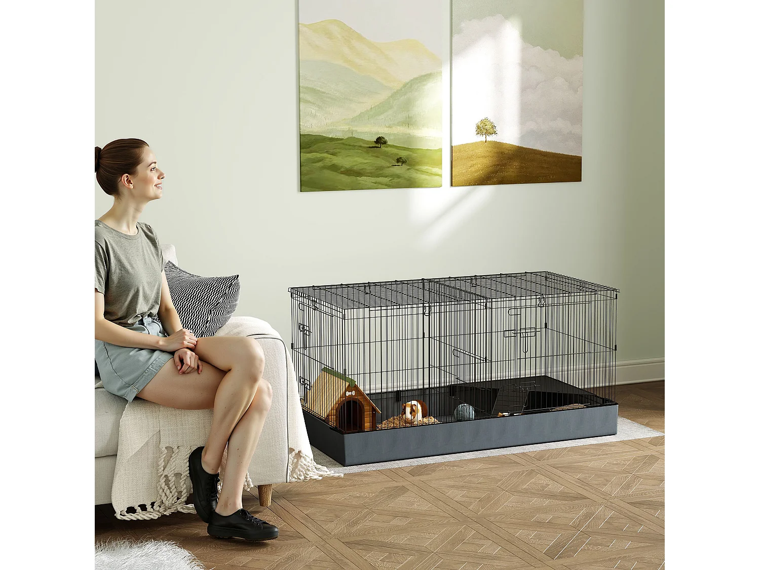 Gabbia per animali piccoli 2 in 1 con sezioni separate 121x61x61cm nero