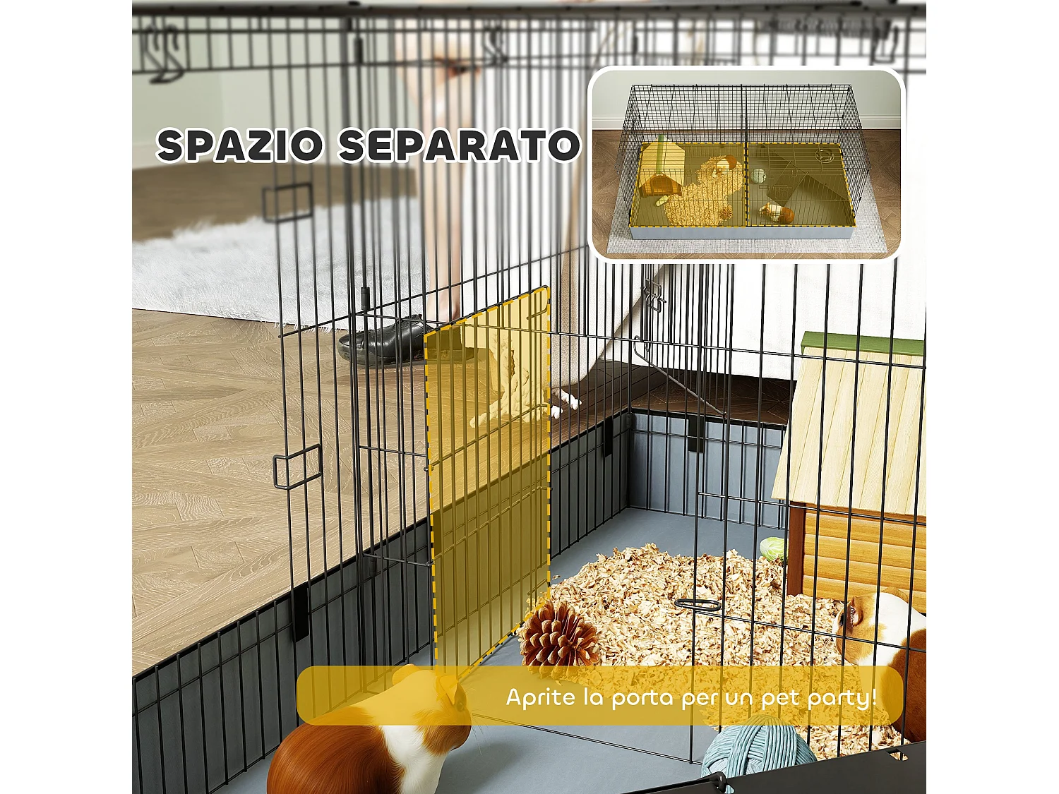 Gabbia per animali piccoli 2 in 1 con sezioni separate 121x61x61cm nero