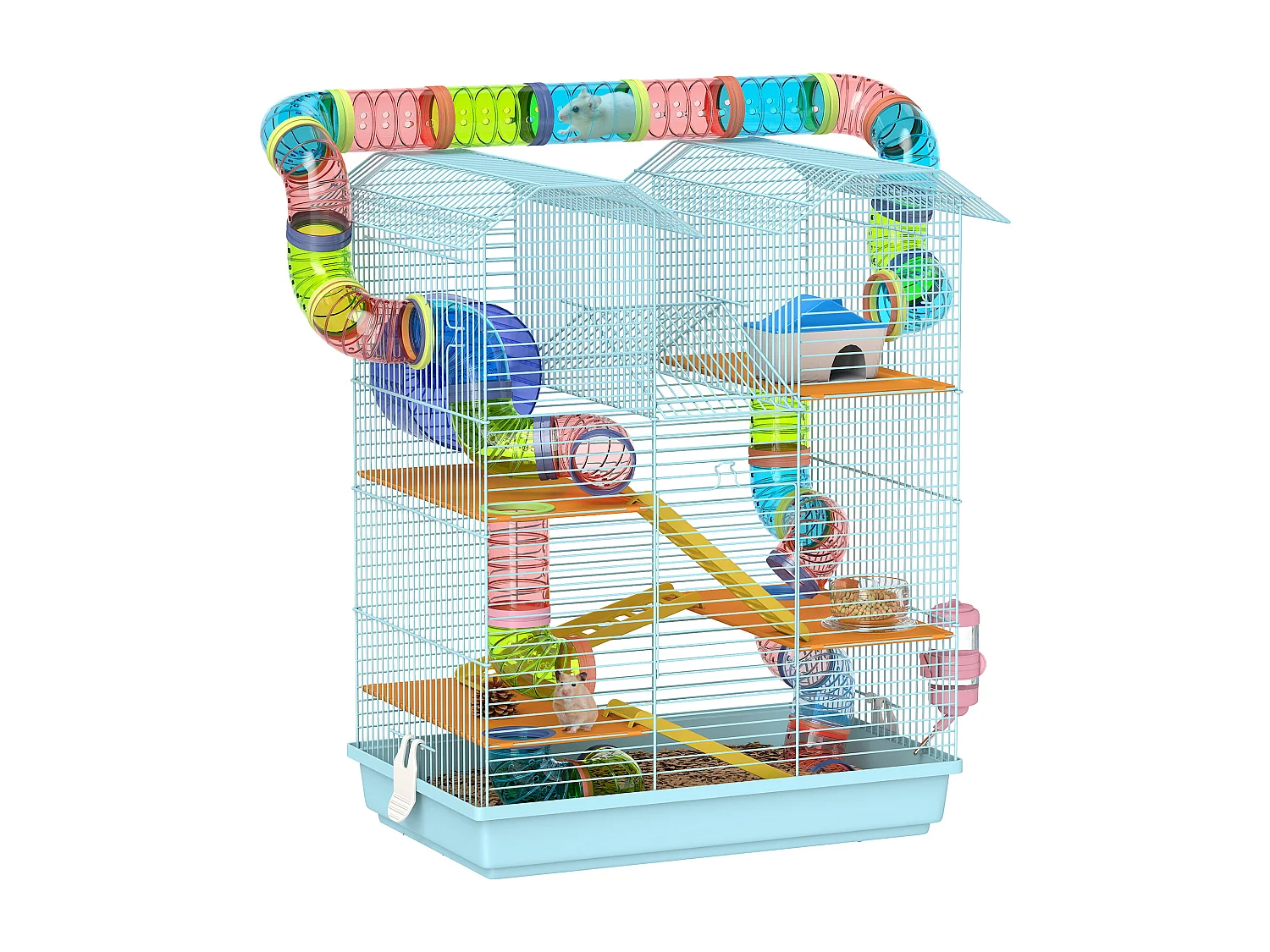 Gabbia per criceti e piccoli roditori con tubi e accessori azzurro