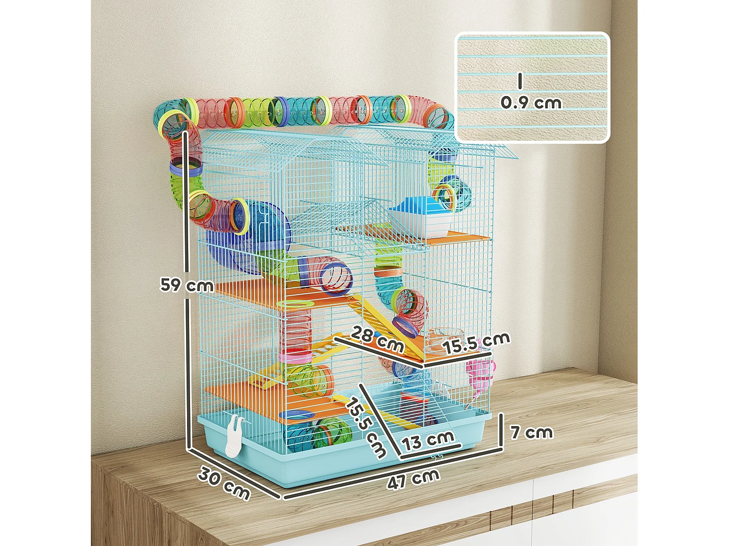 Gabbia per criceti e piccoli roditori con tubi e accessori azzurro