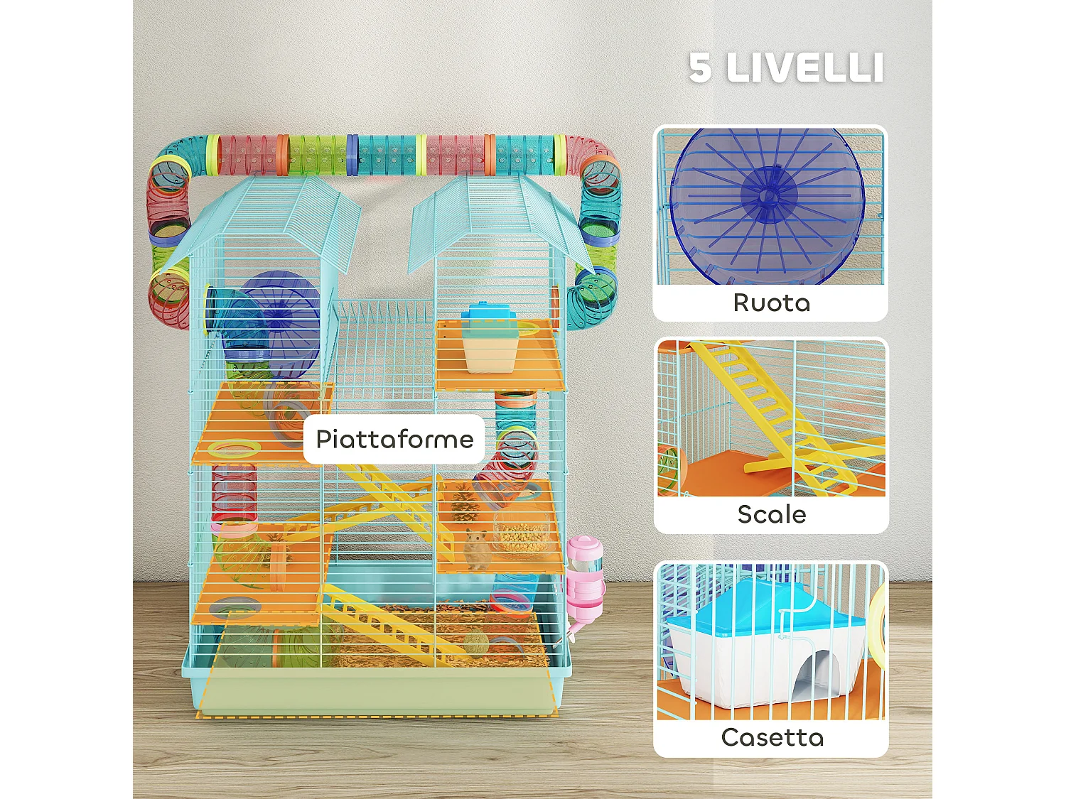 Gabbia per criceti e piccoli roditori con tubi e accessori azzurro