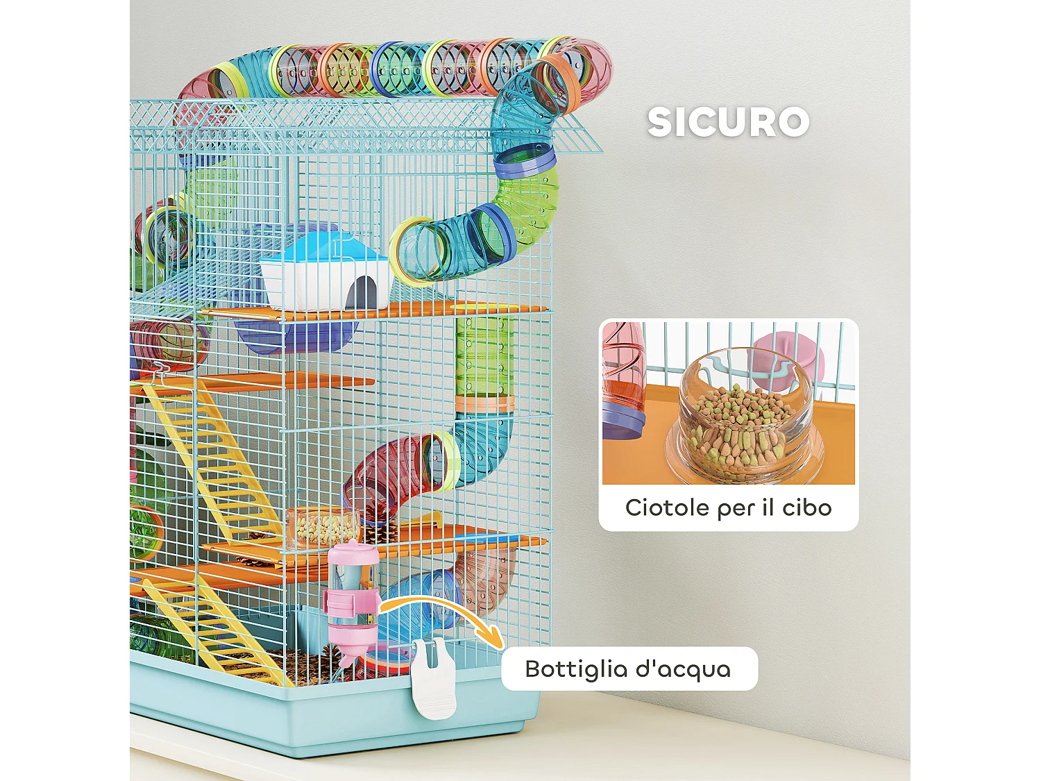 Gabbia per criceti e piccoli roditori con tubi e accessori azzurro