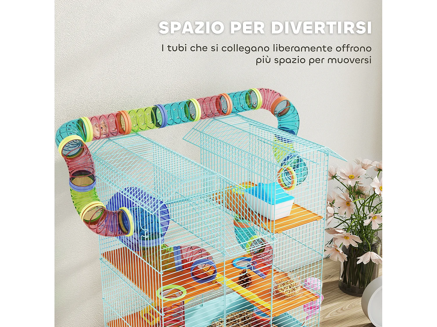 Gabbia per criceti e piccoli roditori con tubi e accessori azzurro