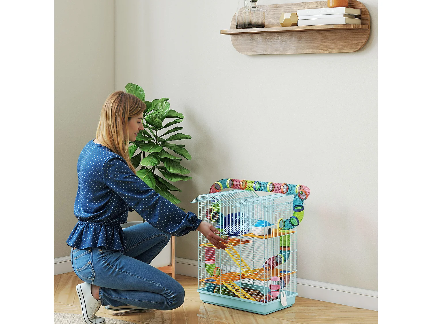 Gabbia per criceti e piccoli roditori con tubi e accessori azzurro