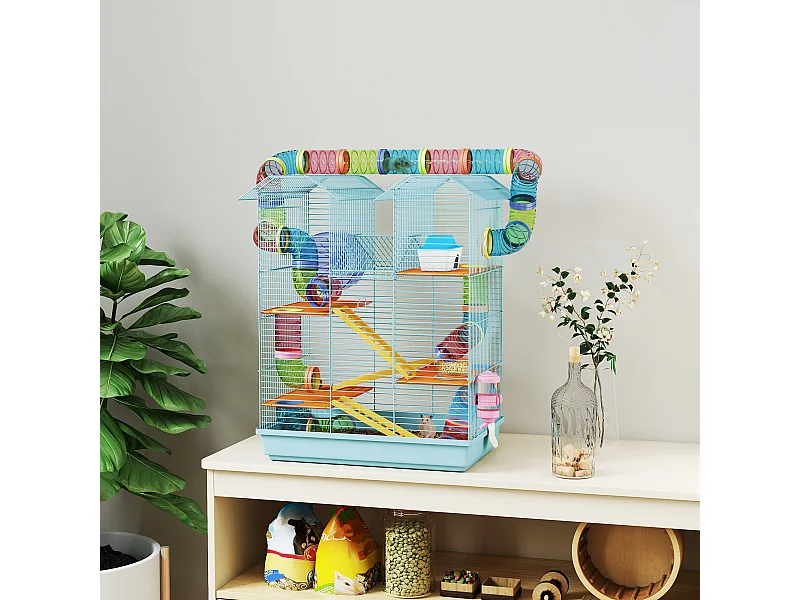 Gabbia per criceti e piccoli roditori con tubi e accessori azzurro