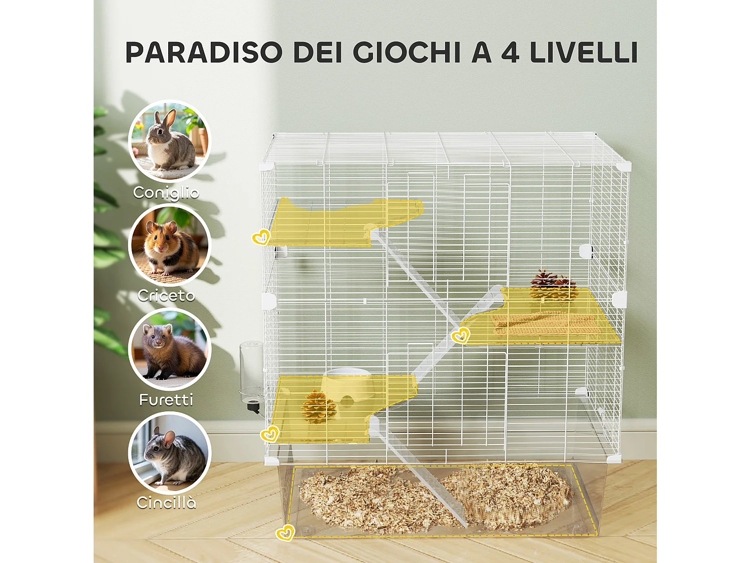 Gabbia per roditori multilivello con accessori inclusi bianco