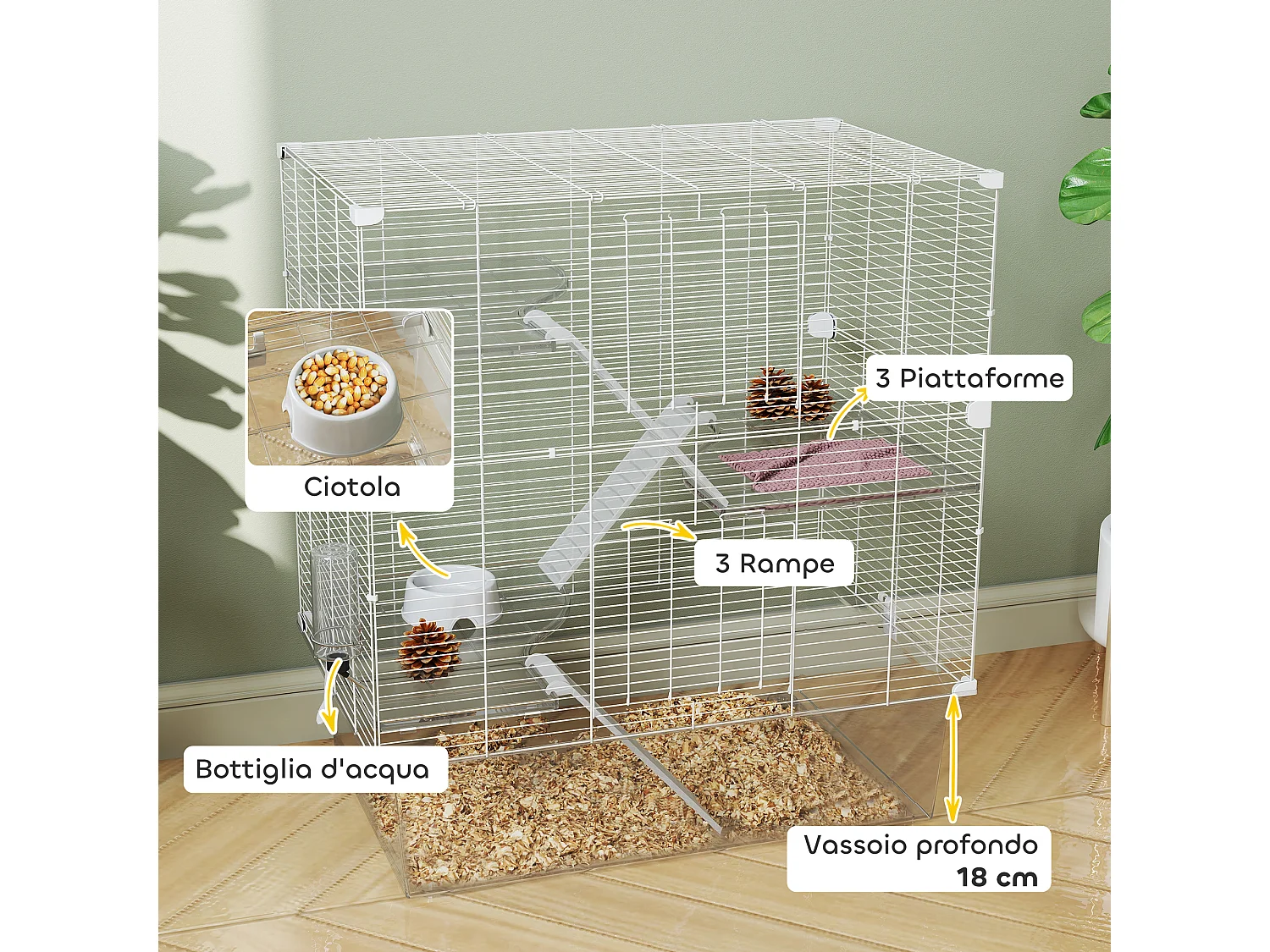 Gabbia per roditori multilivello con accessori inclusi bianco