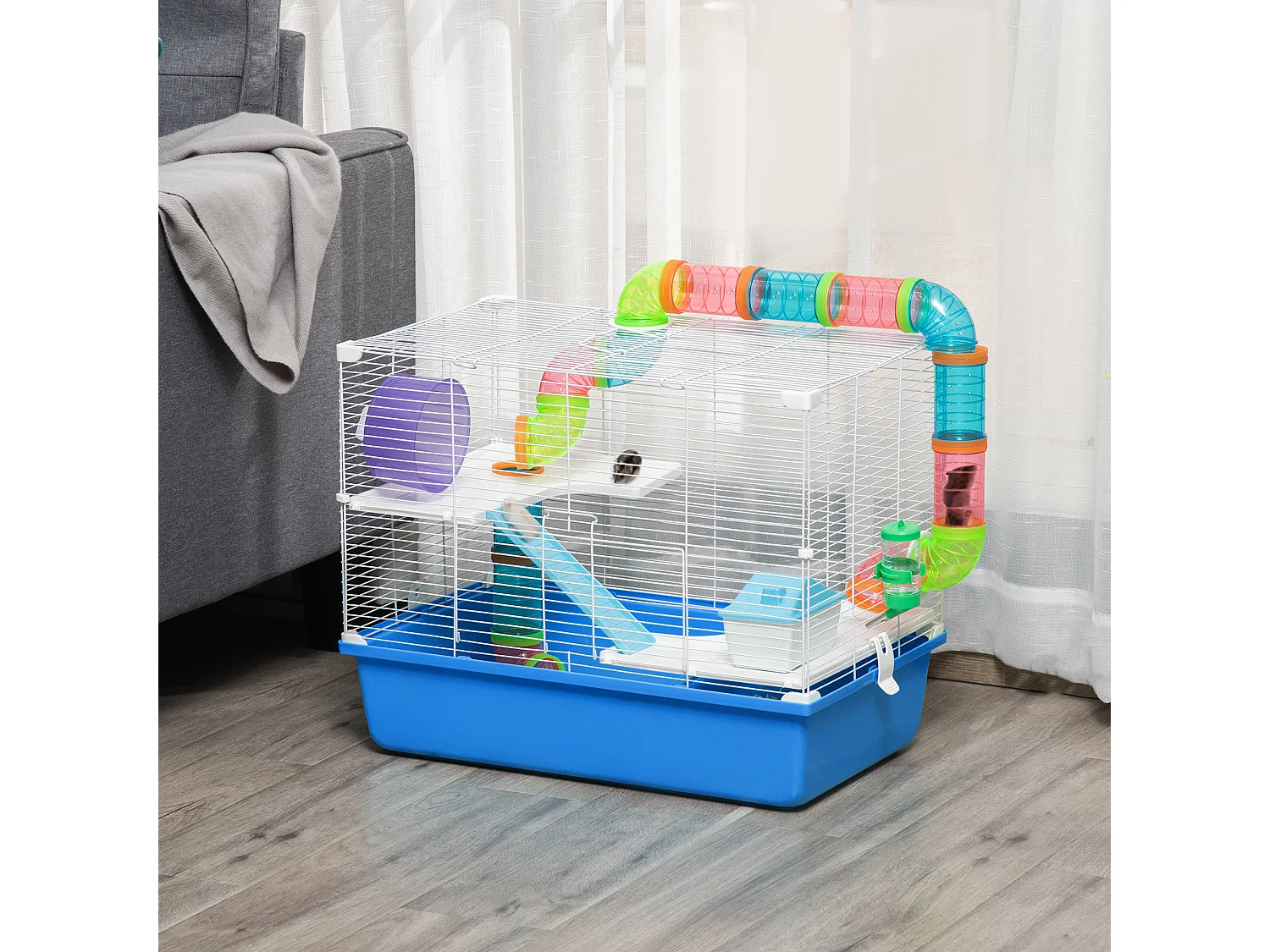 Gabbia per criceti 3 livelli con tubi casetta e ruota blu e bianco
