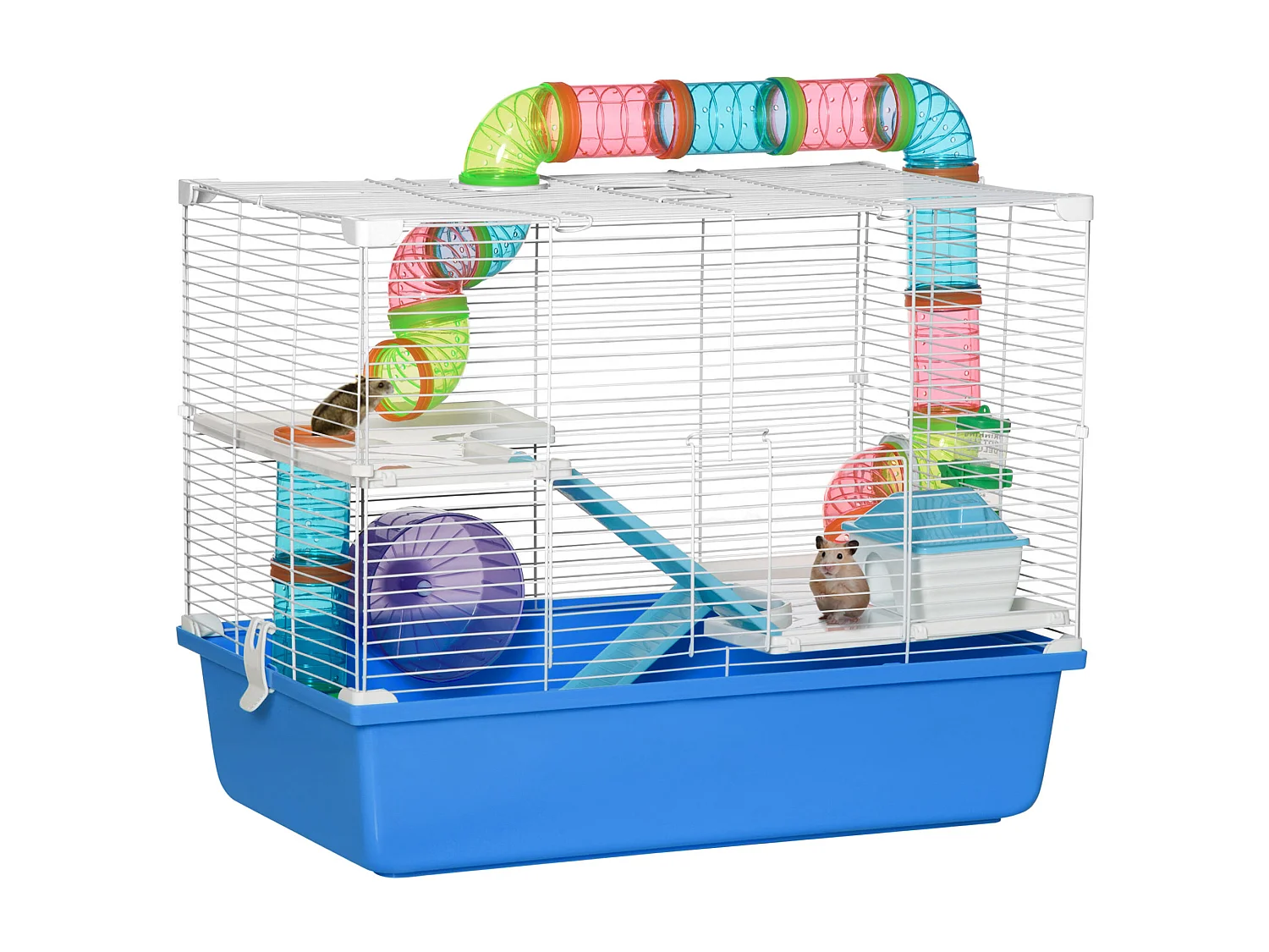 Gabbia per criceti 3 livelli con tubi casetta e ruota blu e bianco